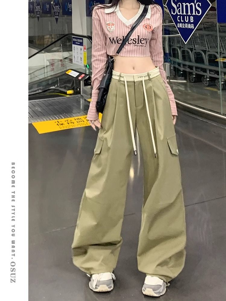 Original Newport Cotton Fabric 1:1 Method Spliced ​​Wide Legs Working Pants for Women's Spring Drawstring Loose Casual Paratroopers Pants