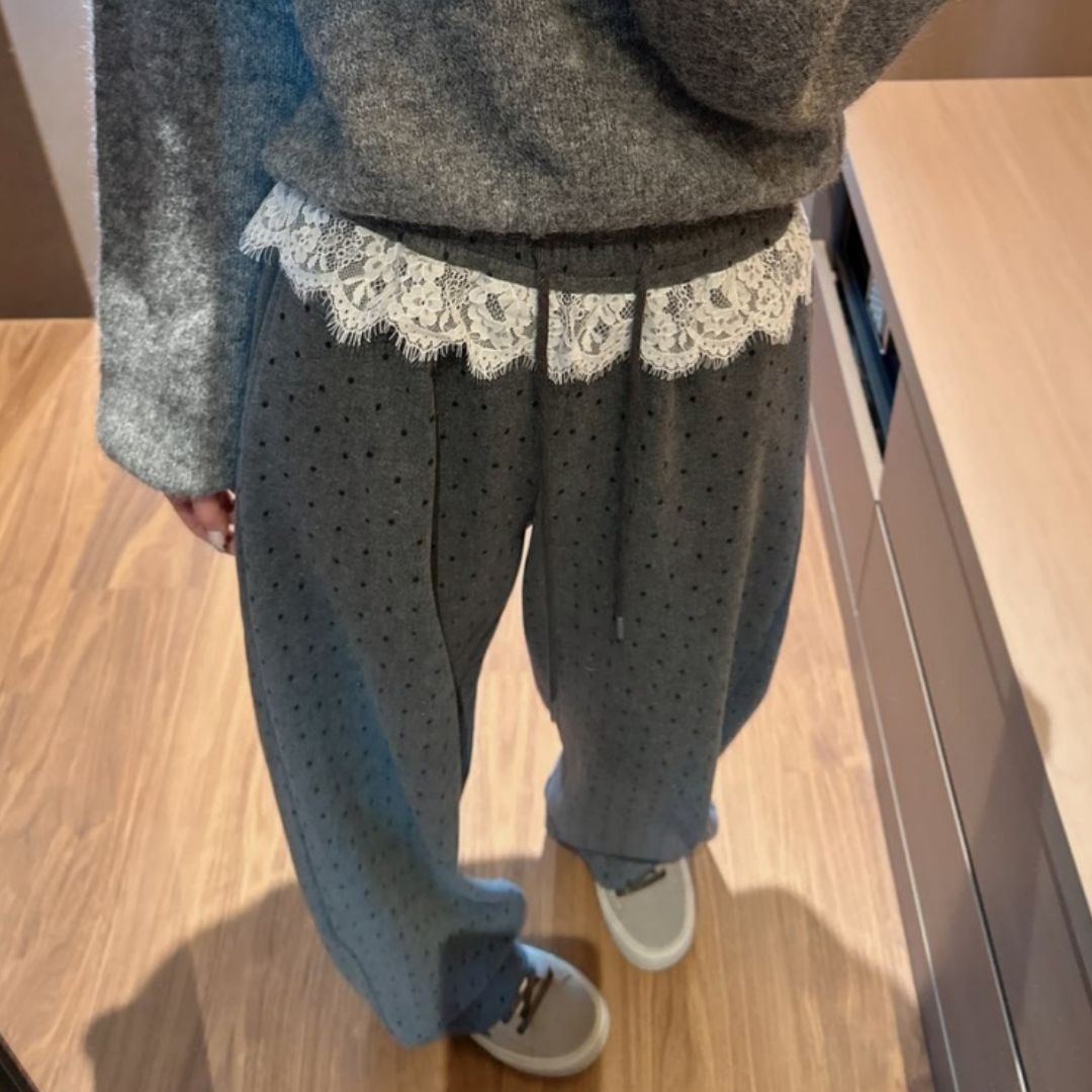 Three-dimensional plus strap lace spliced ​​polka dot wide-leg pants for women in spring floor pants hot girls