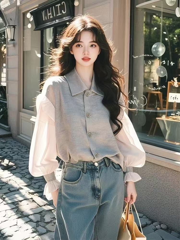Gray spliced ​​puff sleeve shirt for women 2025 spring new design sense this year's fashionable age-reducing shirt