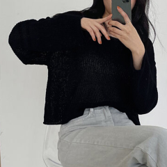 Large size real shot Korean chic loose ice silk sweater round neck sweater short hollow sun protection long sleeve top