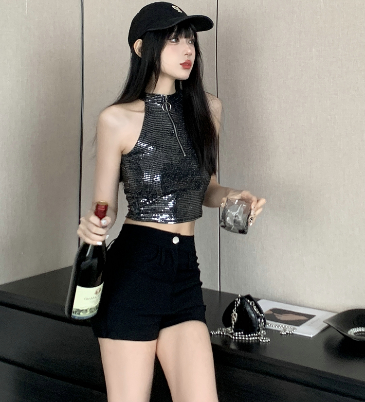 Real shot # High waist tight sexy hot girl shorts 2025 temperament slim black hot pants + sequin halter neck suit