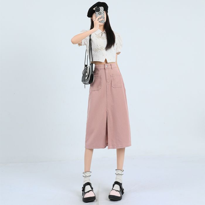Dirty pink slit denim skirt for women mid-length spring and summer new high-waisted retro A-line small hip-pack skirt