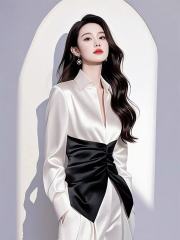 Black and white contrasting satin polo collar long-sleeved shirt for women's design niche spring and autumn waist folded pleated slit top