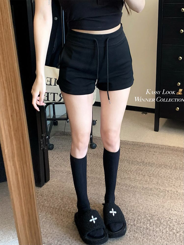 美式辣妹性感熱褲超短褲休閒褲女夏季黑色高腰抽繩運動褲短褲子潮