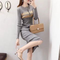 Korean new zipper black slim mid-length over-knee sweater dress knitted dress for women early spring