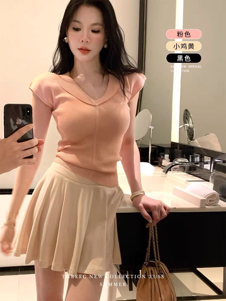 Three-Xi threeec hider meat god t waist strap v neck short sleeve T-shirt women's design pure knitted top