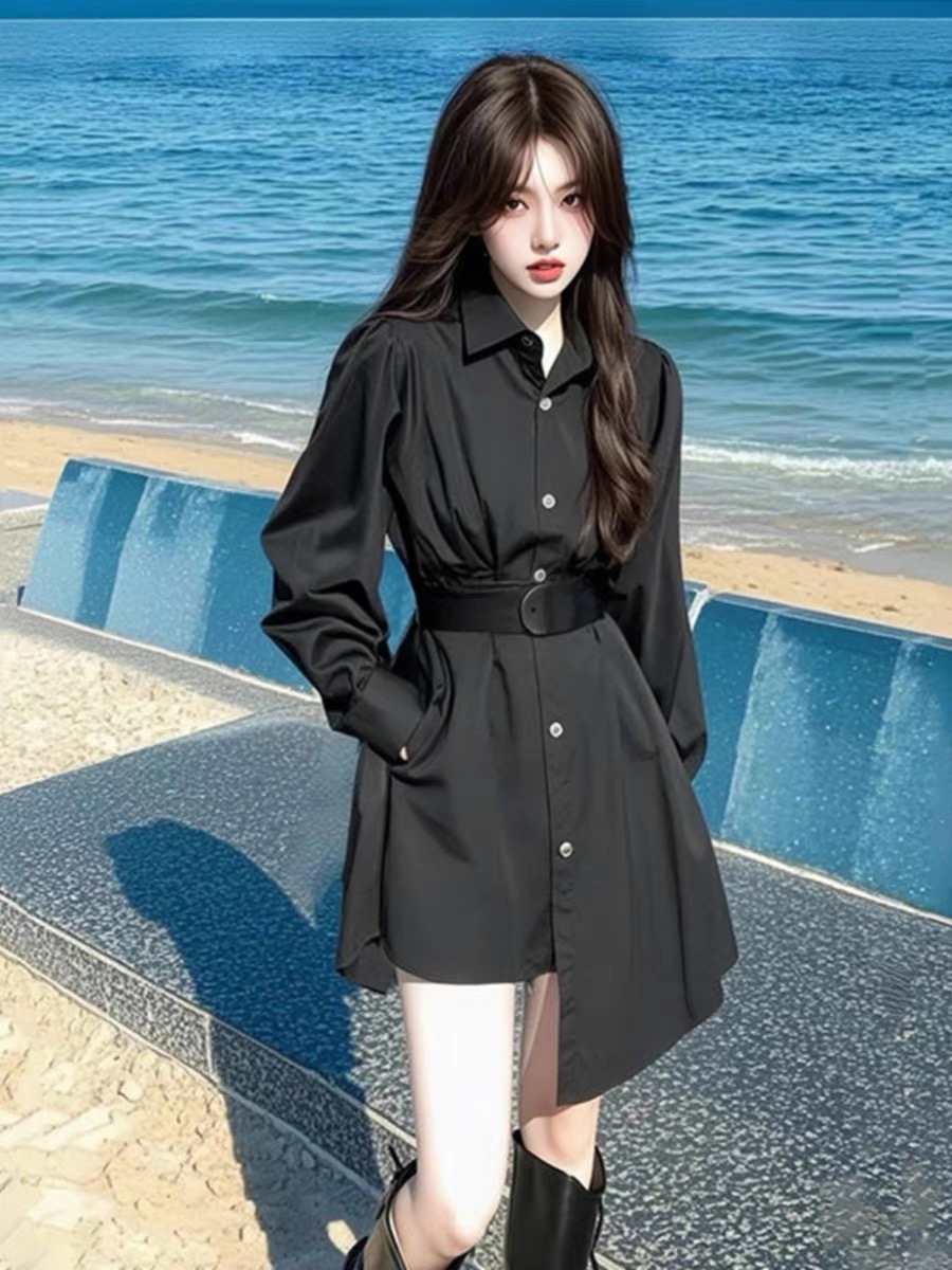 Hepburn style casual lapel shirt dress for women 2025 spring new irregular slim waist short skirt