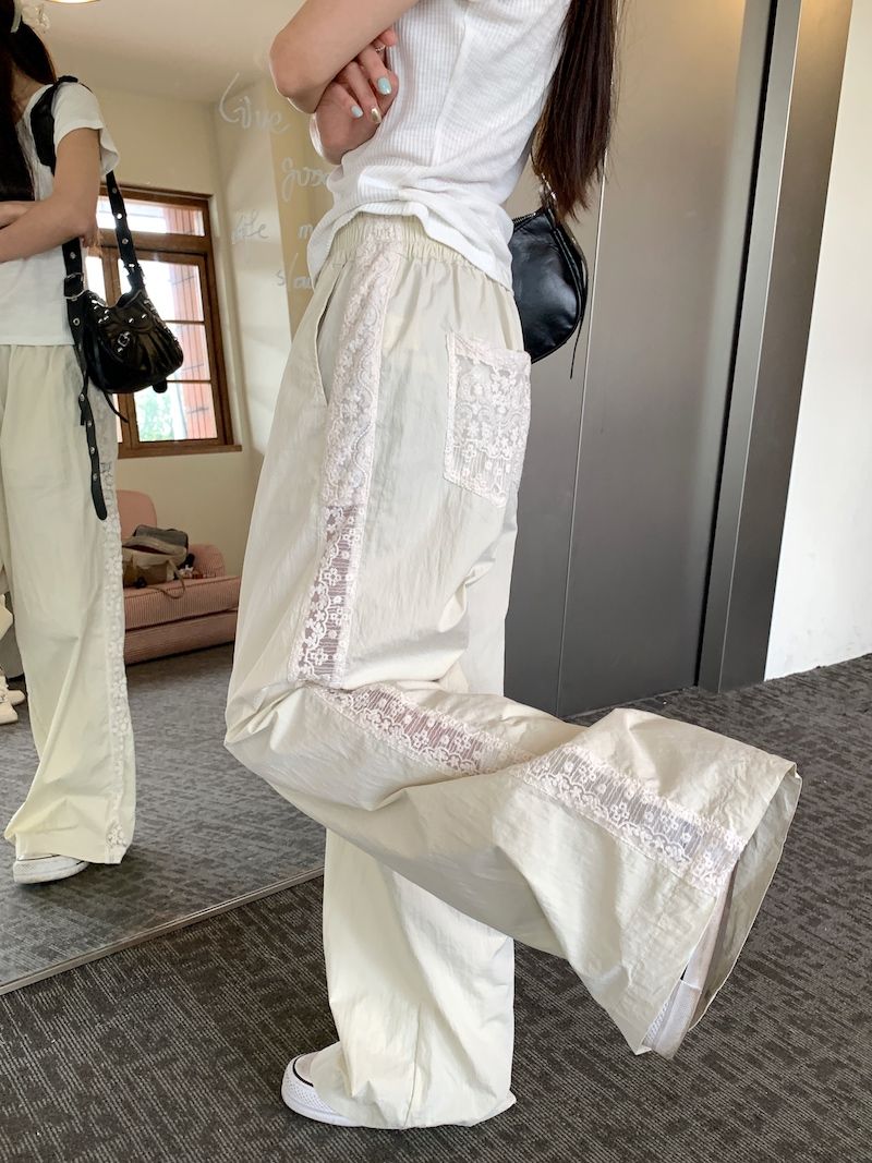 Design-sensory lace spliced ​​hollow wide-leg pants for women in summer loose and slim draped straight trousers