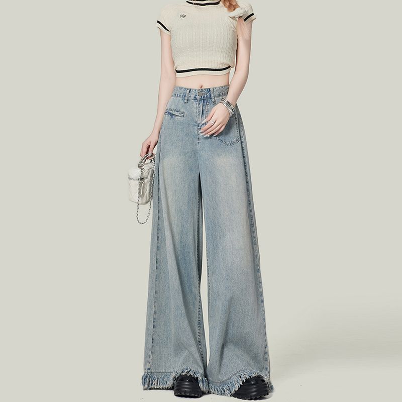 Trendy Harajuku style wool-edged high-waist wide-leg jeans for women in spring and autumn new loose slim floor jeans trendy