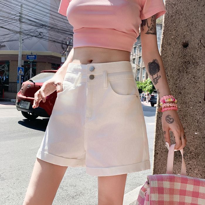 Super high waist double button denim shorts for women curly new hot pants for summer to make them look thin and hot girls shorts thin