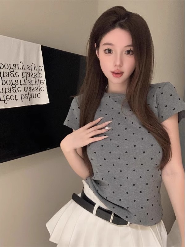 Shipped 92 cotton/8 spandex 40 210g pure cotton regular dot short-sleeved T-shirt for women