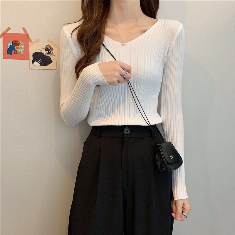 New autumn and winter versatile slim fit v-neck long-sleeved base knit sweater fashionable low-neck inner sweater for women