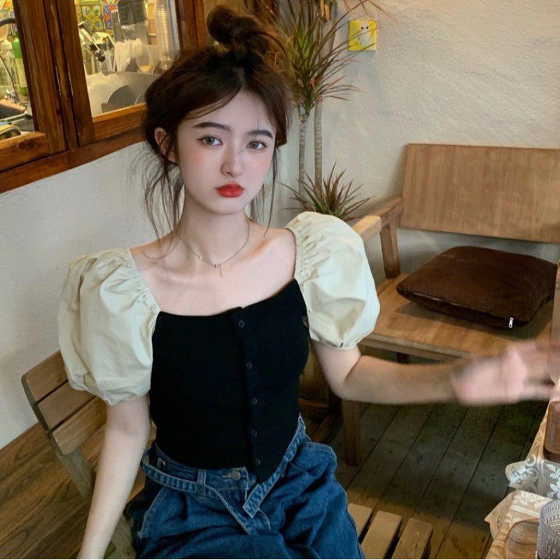 Shipped New summer slim design French square collar exposed collarbone short sleeve shirt short top for women