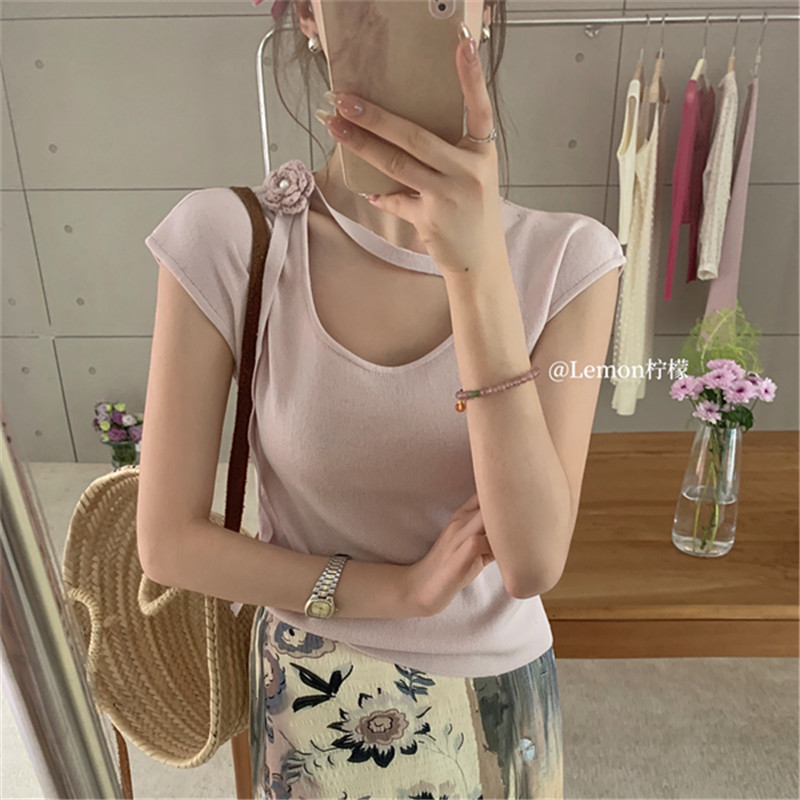 THE LEMON lemon green tea hollow lace-up camellia T-shirt for women 24 summer striped sleeveless top ice silk slim fit