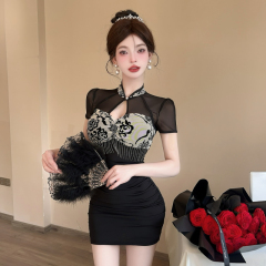 Real shot~ Improved cheongsam dress with temperament, sexy and slim high waist-packing skirt