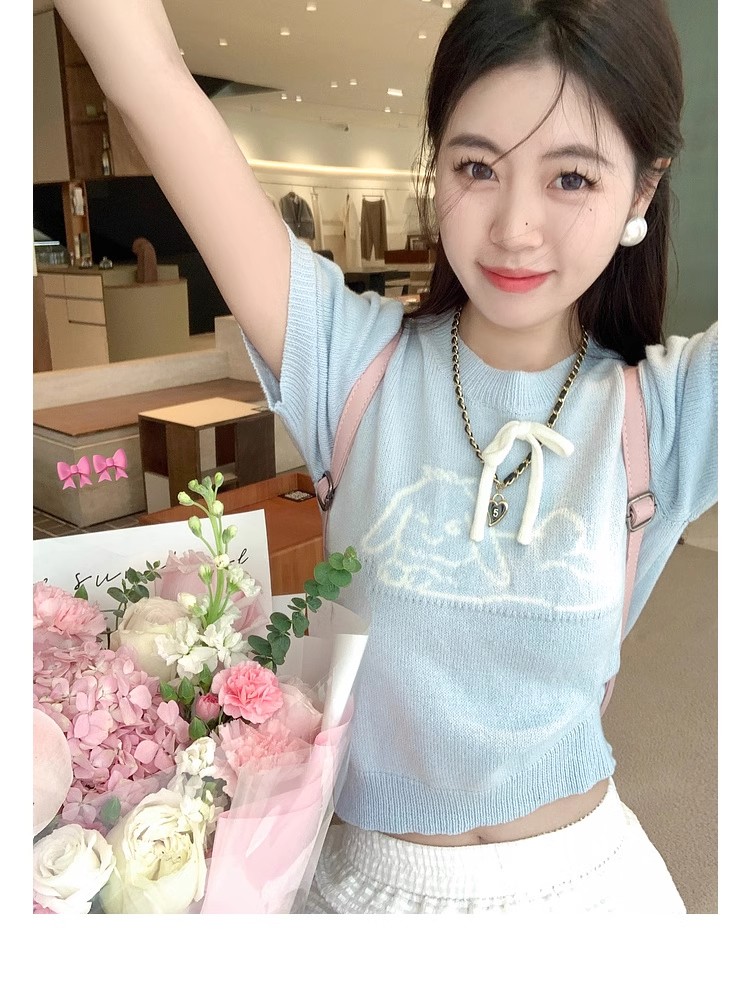 WX Report Zeng Xiaoxian blue printed short sweater spring simple and versatile slim round neck top