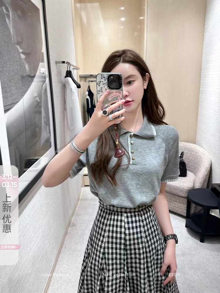 Shipped Korean Women's High School Marble Button Wool Blend Polo Needle