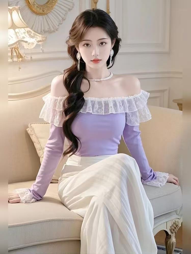 Korean high-end feeling is super beautiful and unique and beautiful shirt slim and slim purple one-shoulder lace top for women