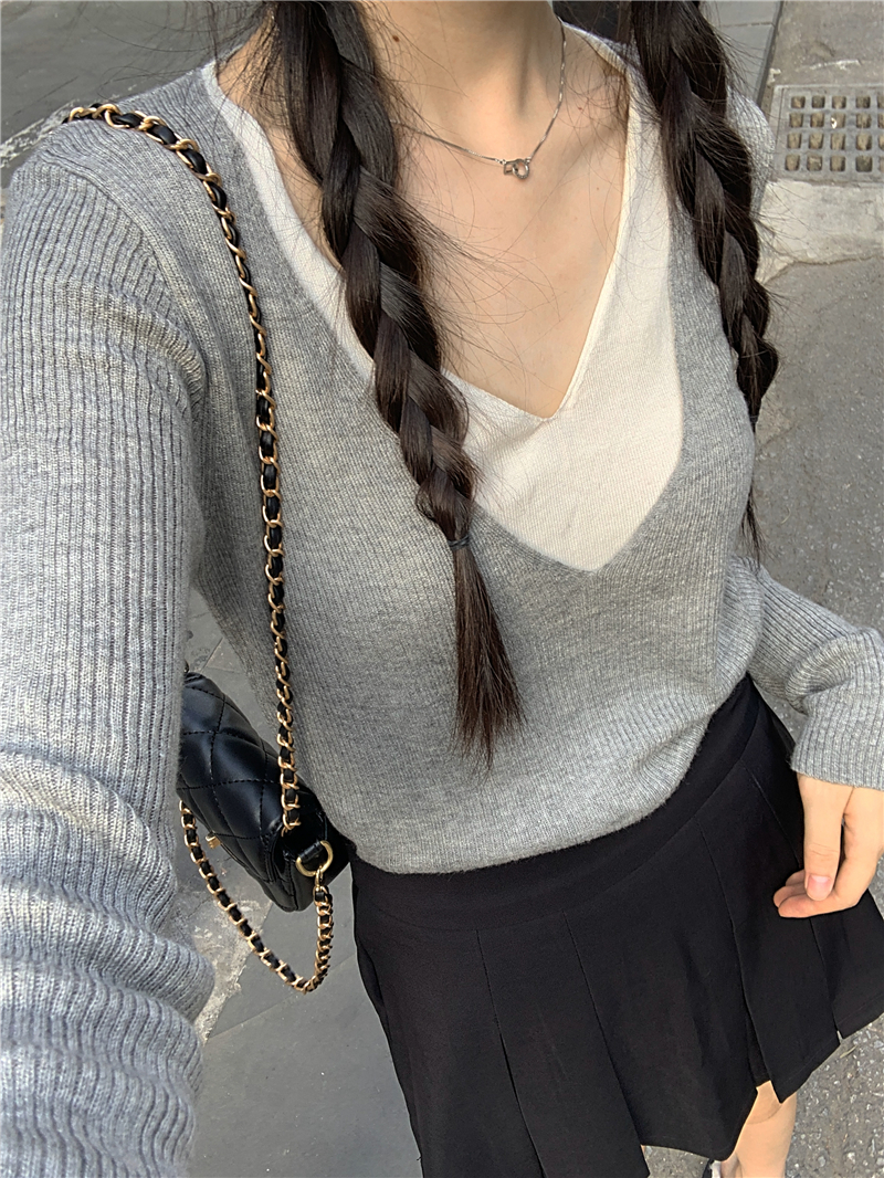 HEY Black Brother Sandwich Marshmallow Soft Glutinous Skin-friendly Double-Layer Collar Sweater Women's Autumn Contrast Color Versatile Base Shirt Top