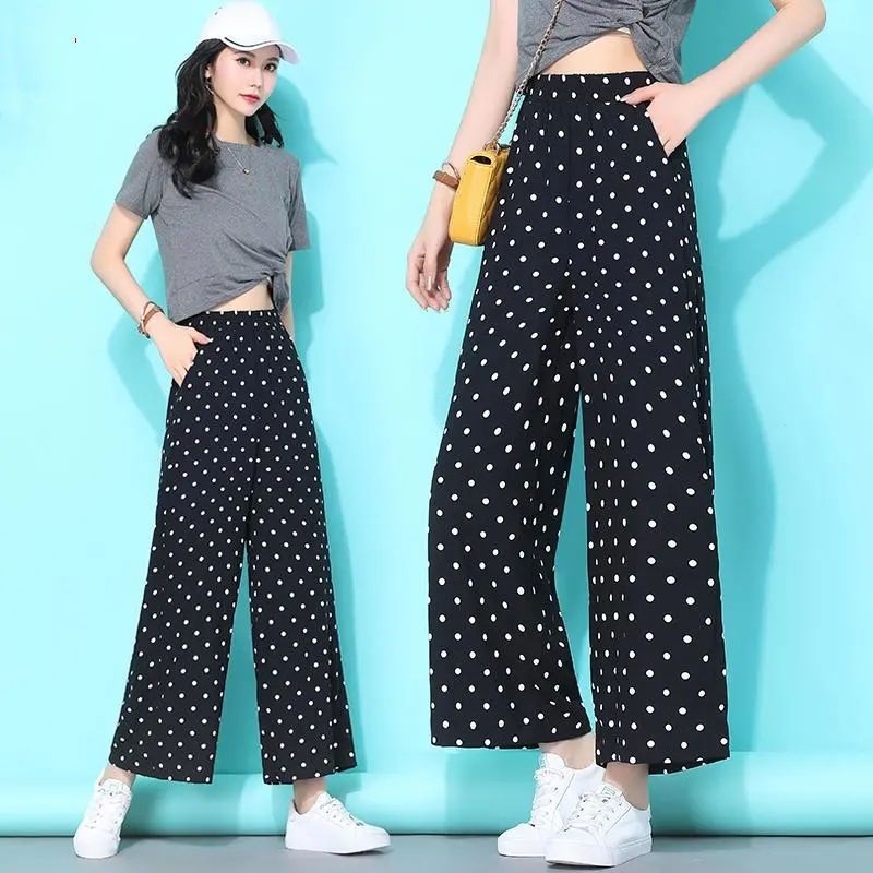 High-waisted polka dot wide-leg pants for women, summer thin drooping pants for women, 2025 new style large-size women's casual pants trendy