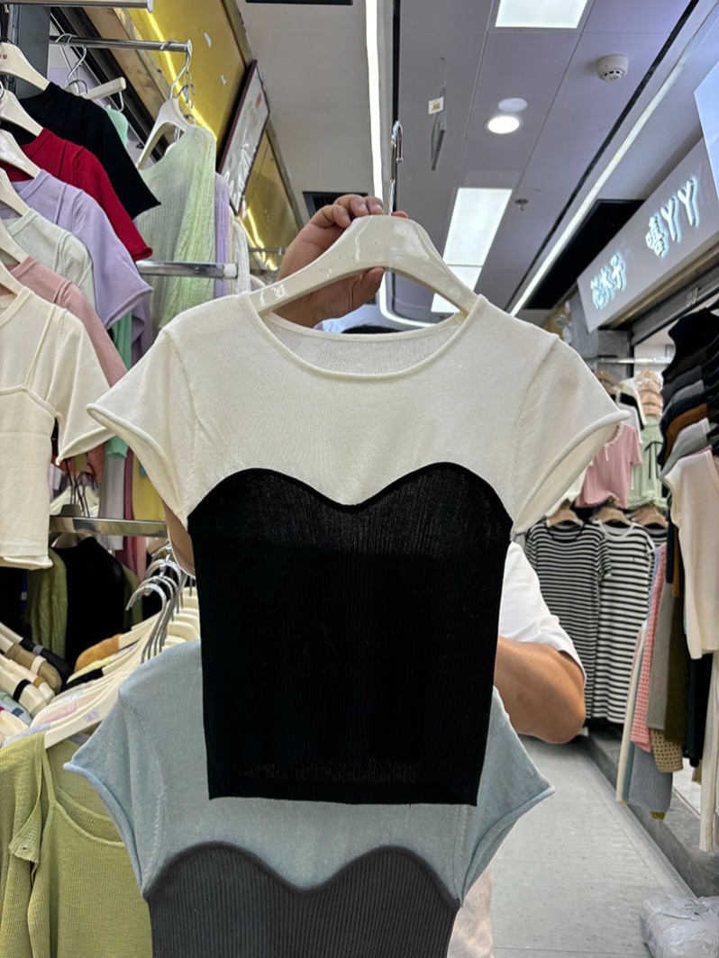 Korean summer new girlish fake two-piece short-sleeved T-shirt for women slim slim pullover niche knitted sweater