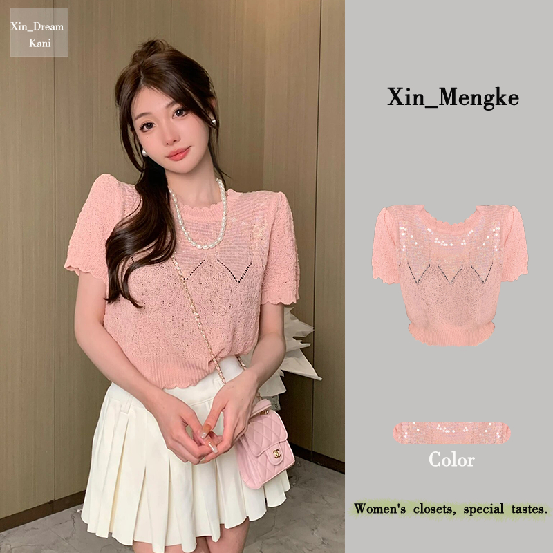 Shipped Chic top knitted sweater short-sleeved T-shirt for women 2025 new summer sequin hollow outfit