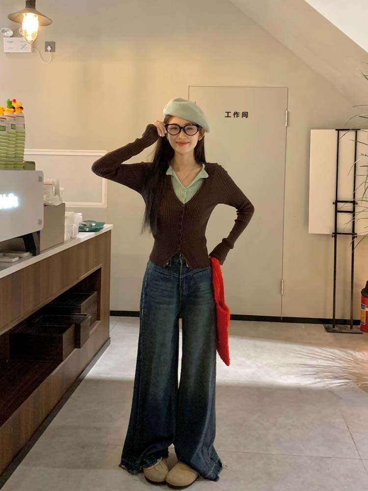 Two-piece contrasting long-sleeved sweater for women in winter hot girls slim niche top retro base shirt