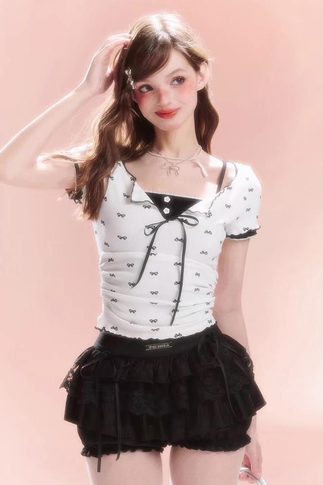 Sweet and spicy style layered bow pure sensual top for women in 2025 summer slim and versatile short-sleeved knitted
