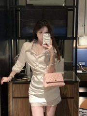 JustQin Soft Mist 2025 new spring dress temperament sexy lace shirt short skirt satin dress women