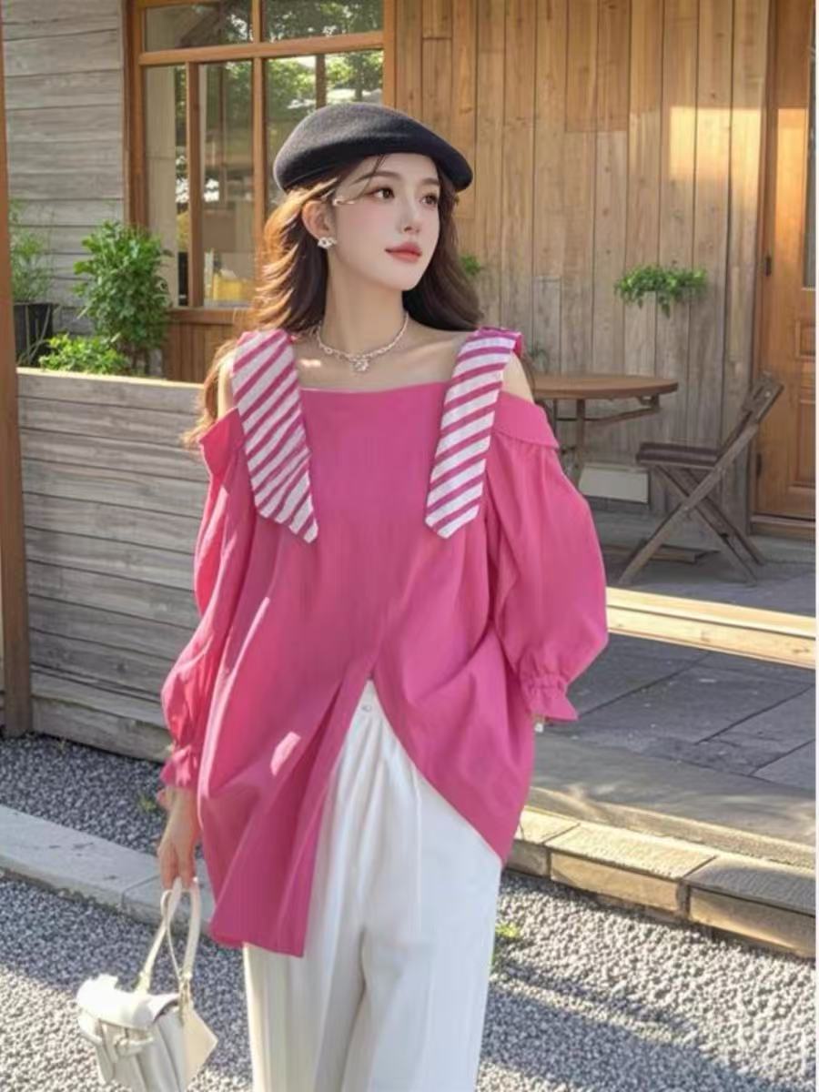 2025 new shirt design sense chic Korean beautiful rose red spliced ​​fake two-piece off-shoulder shirt top