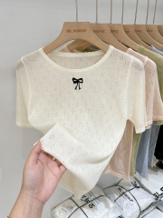 Sweet and age-reducing front shoulder short-sleeved knitted T-shirt for women in summer design niche hollow bow top new style for women