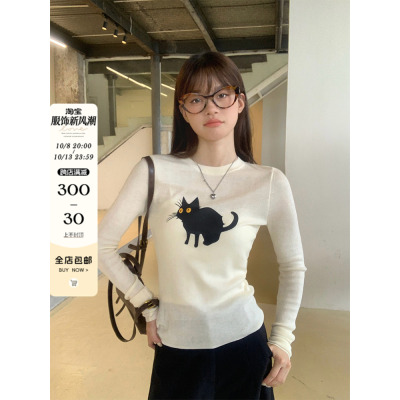 Song Zheng'en's cat printed long-sleeved T-shirt for women in autumn new thin knitted sweater to make a slim hot girl's inner top