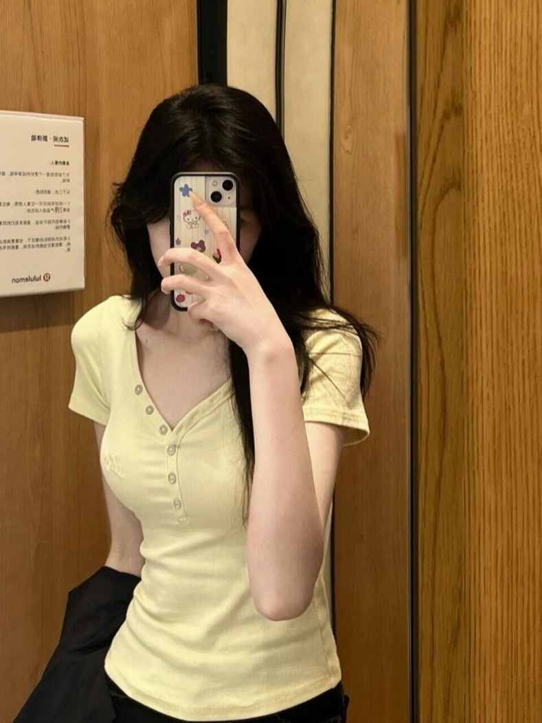Shipped 260g cotton modal/embroidered half button v-neck short-sleeved T-shirt for women