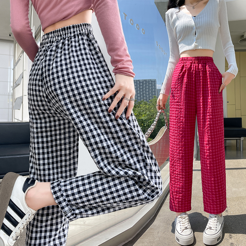 Real-shot plaid pants for women with high waist casual straight loose balloon radish pants nine-point pants