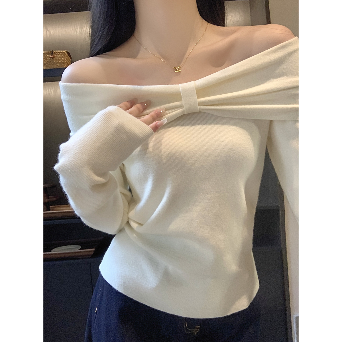 Autumn and winter Korean version one-length bow design pure 6 wool knitted sweater base top