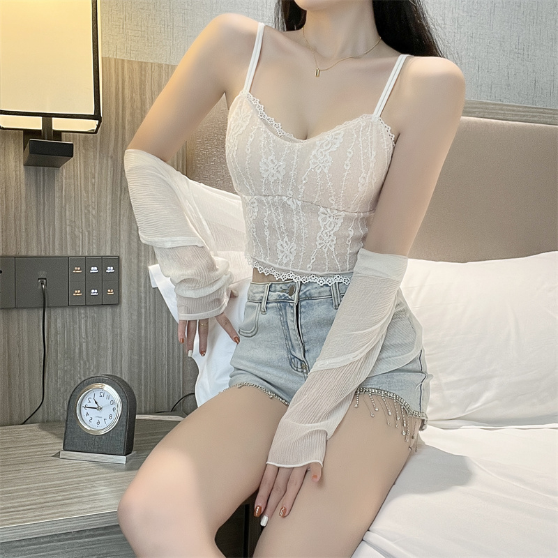 Shipped pure lace mesh suspender vest V-tie chest pad with inner pleated beautiful back base hot girl top