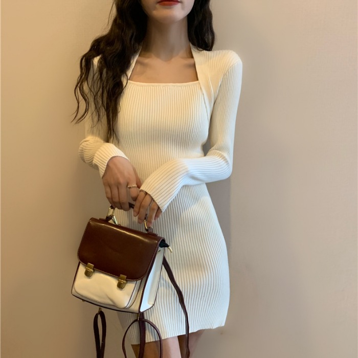 Spring dress fashionable sexy white knitted long-sleeved dress hip-pack skirt versatile slim bottom skirt short skirt women