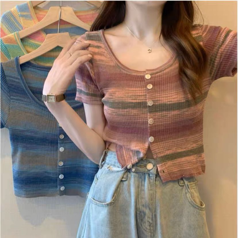 Shipped Short top dyed striped shoulder ice silk knitted high waist summer slim chic sweet and spicy short-sleeved T-shirt for women