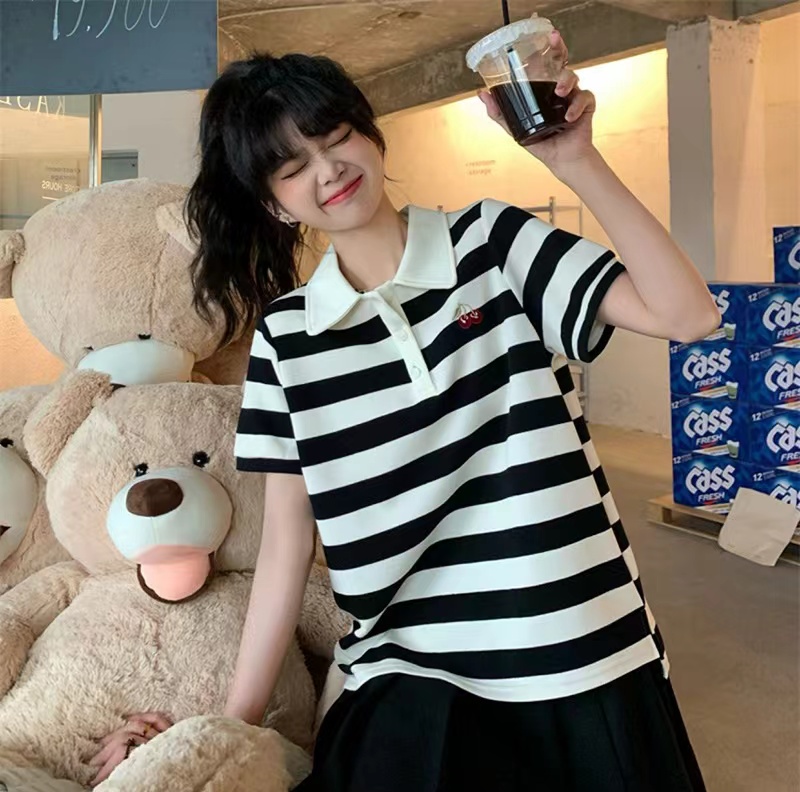 Summer loose top new short-sleeved T-shirt for women's striped embroidered POLO collar cool silk
