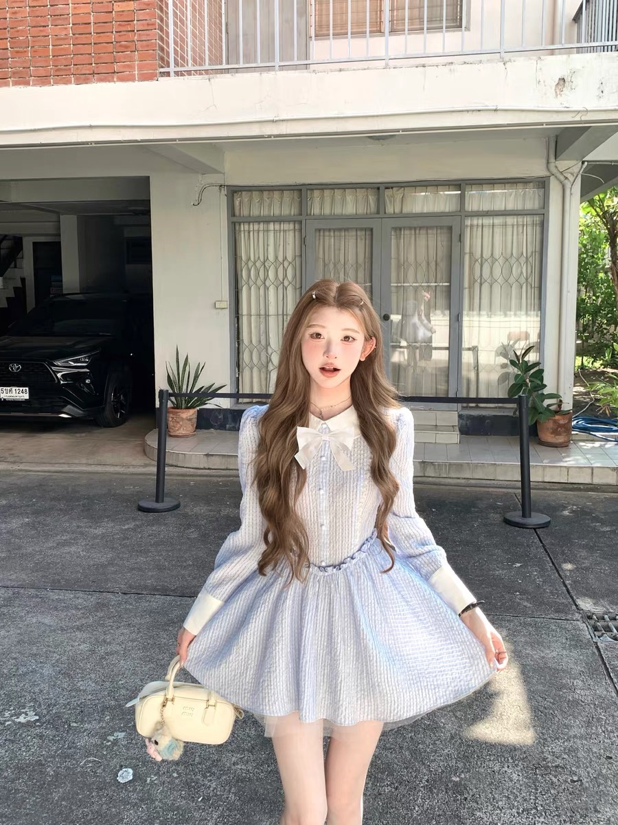 Seine Paper Sailing Boat Blue Striped Lace Doll Collar Shirt Dress