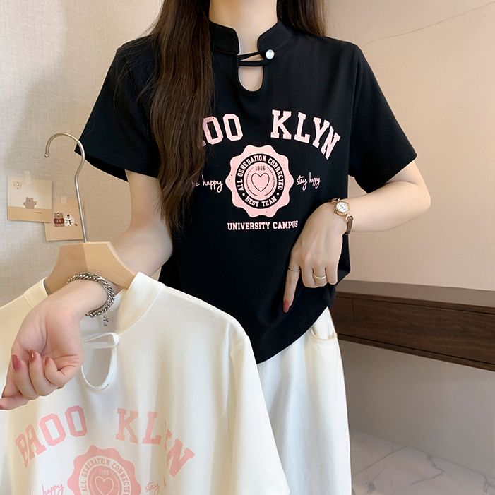 Shipped, free and easy to create 1*1 design niche short-sleeved T-shirt for women, new Chinese style slim and versatile top for women