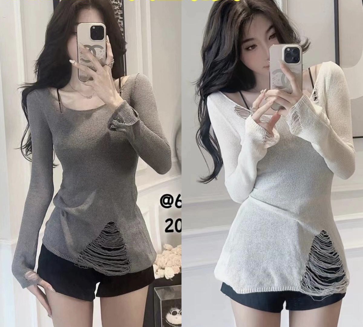 Korean long-sleeved ripped knitted T-shirt for women's thin sunscreen blouse slim and unique top