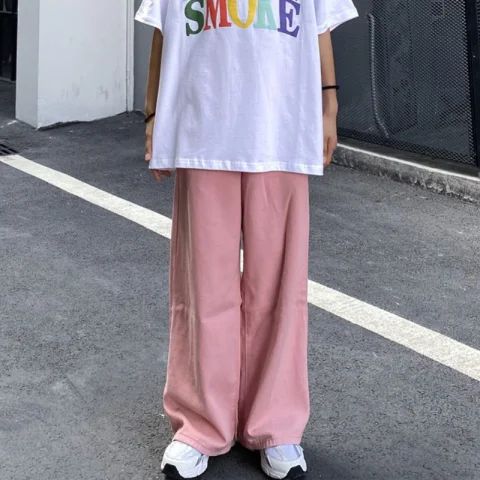 2025 new Korean ins Japanese white elastic waist straight wide-leg work pants loose casual pants for men and women