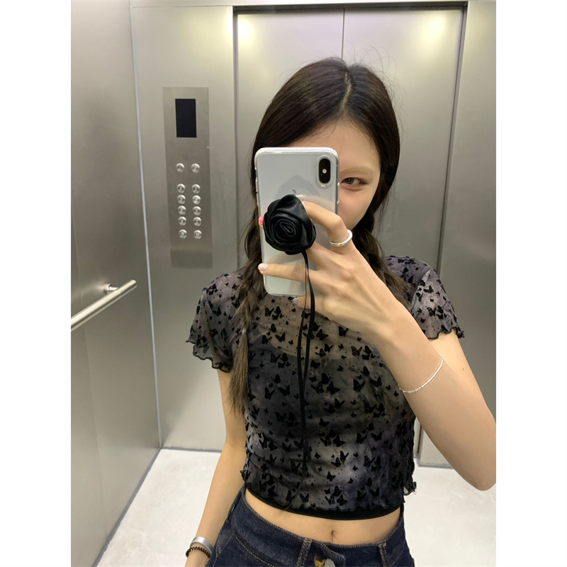 Shipped Mesh fabric Retro and fashionable shoulder short-sleeved T-shirt for women's summer new slim thin top