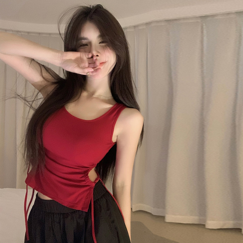 Shipped French drawstring waist vest suspender women's design with chest pads and short hot girl top