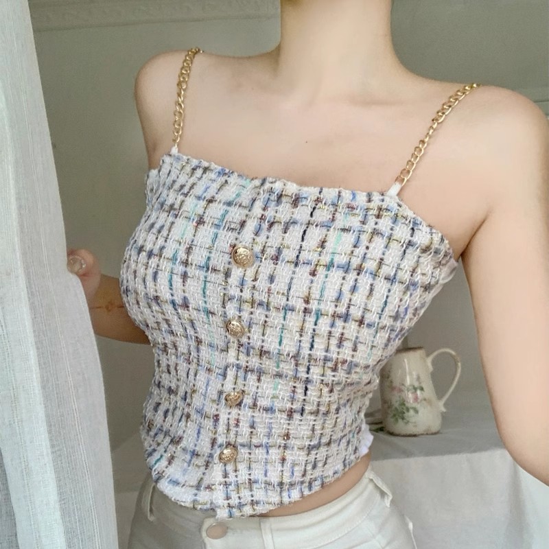 Shipped Tmall Quality Hot Girls One-Shoulder Chain Sling Vest Women's Summer Breast Top with Chest Pads