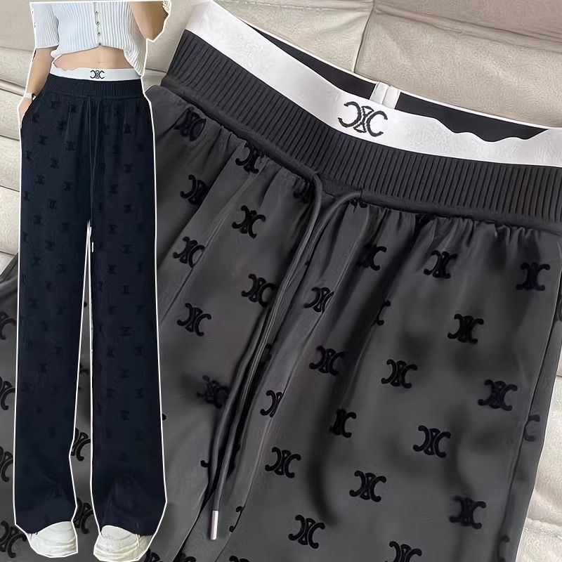 Acetic acid straight-leg pants for women summer new flocking pants high-waisted slim trousers ins trendy casual draping temperament women's pants