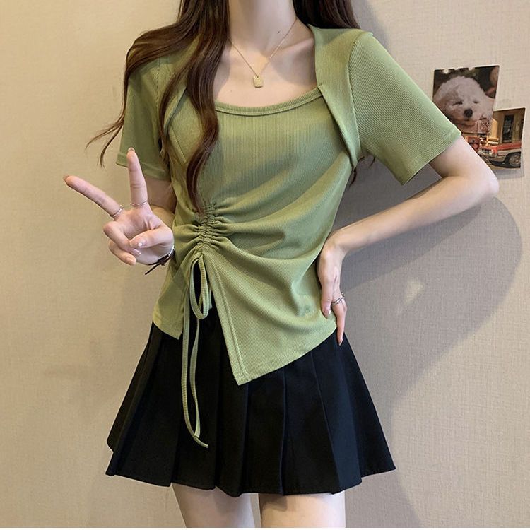 Shipped Summer clothing fat mm square collar slim front shoulder short sleeve chic sweet and spicy top versatile drawstring T-shirt trendy