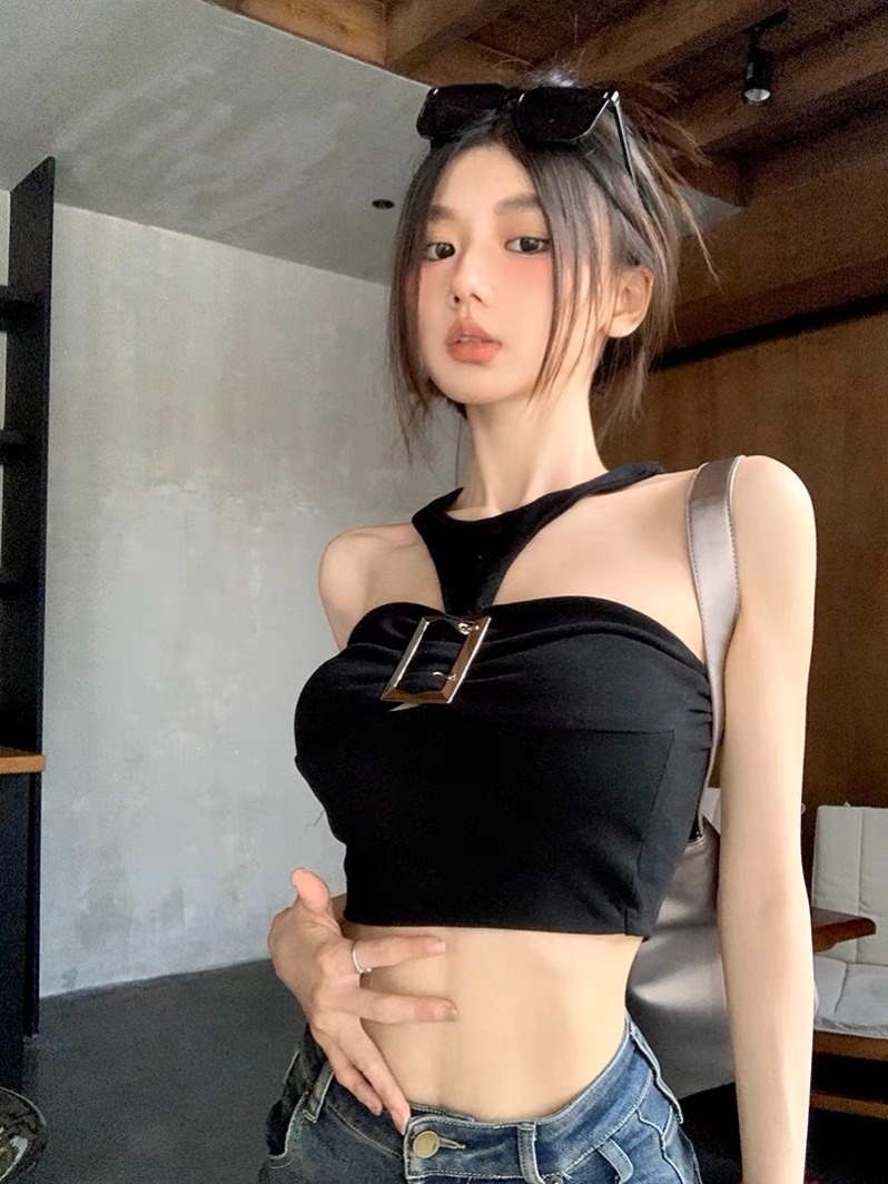Shipped pure sexy hot girl metal buckle neck vest for women summer short backless sleeveless small suspender strap