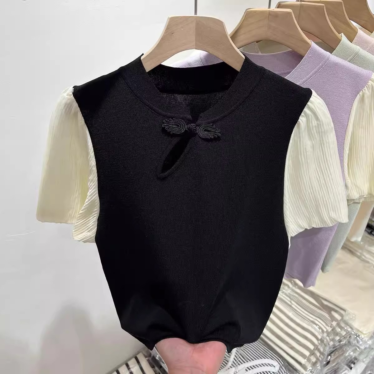 New Chinese style knitted ice silk plaid patchwork chiffon short-sleeved T-shirt for women 24 summer top age-reducing shirt